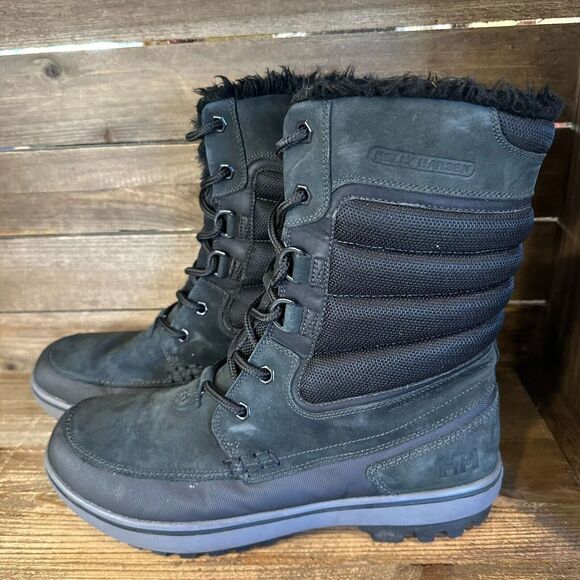 Mens Helly Hansen Black Suede Winter Boots Lace Up‎ Round Toe High Top Size 9.5 - Picture 1 of 6